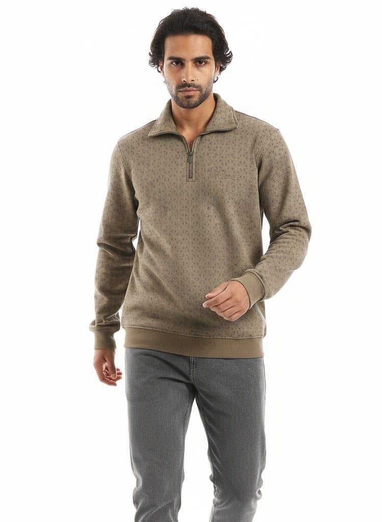 Pavone Self Pattern Zip Through Neck Sweatshirt - Taupe - Image 1